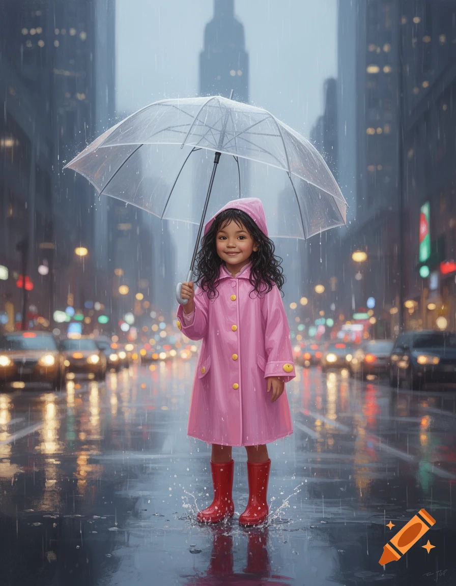 A smiling young girl in a pink raincoat and red boots splashes in a puddle on a rainy city street, holding a clear umbrella.