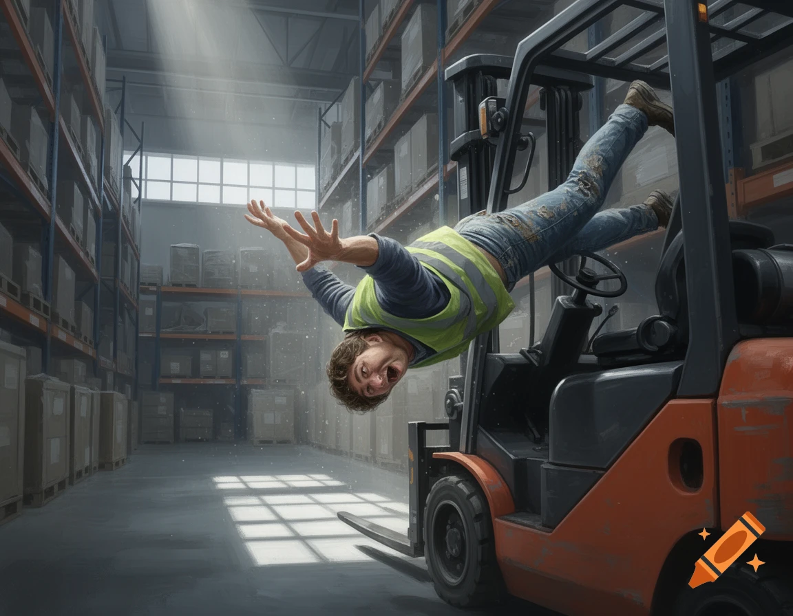 A man in a high-visibility vest falls backward off a forklift in a warehouse, mid-air with a surprised expression.