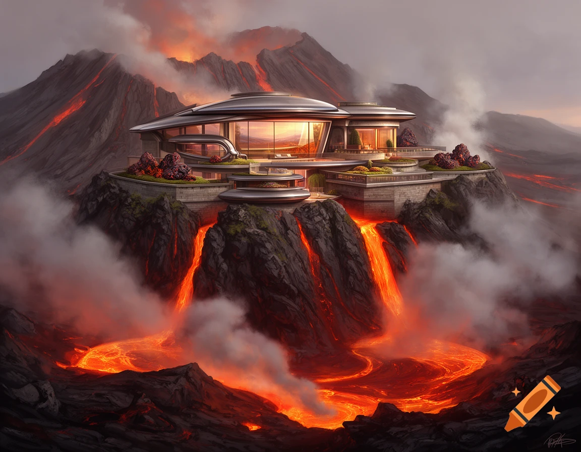 A sleek, modern house with large windows sits atop a rugged volcanic mountain, surrounded by bright orange lava flows and smoke.
