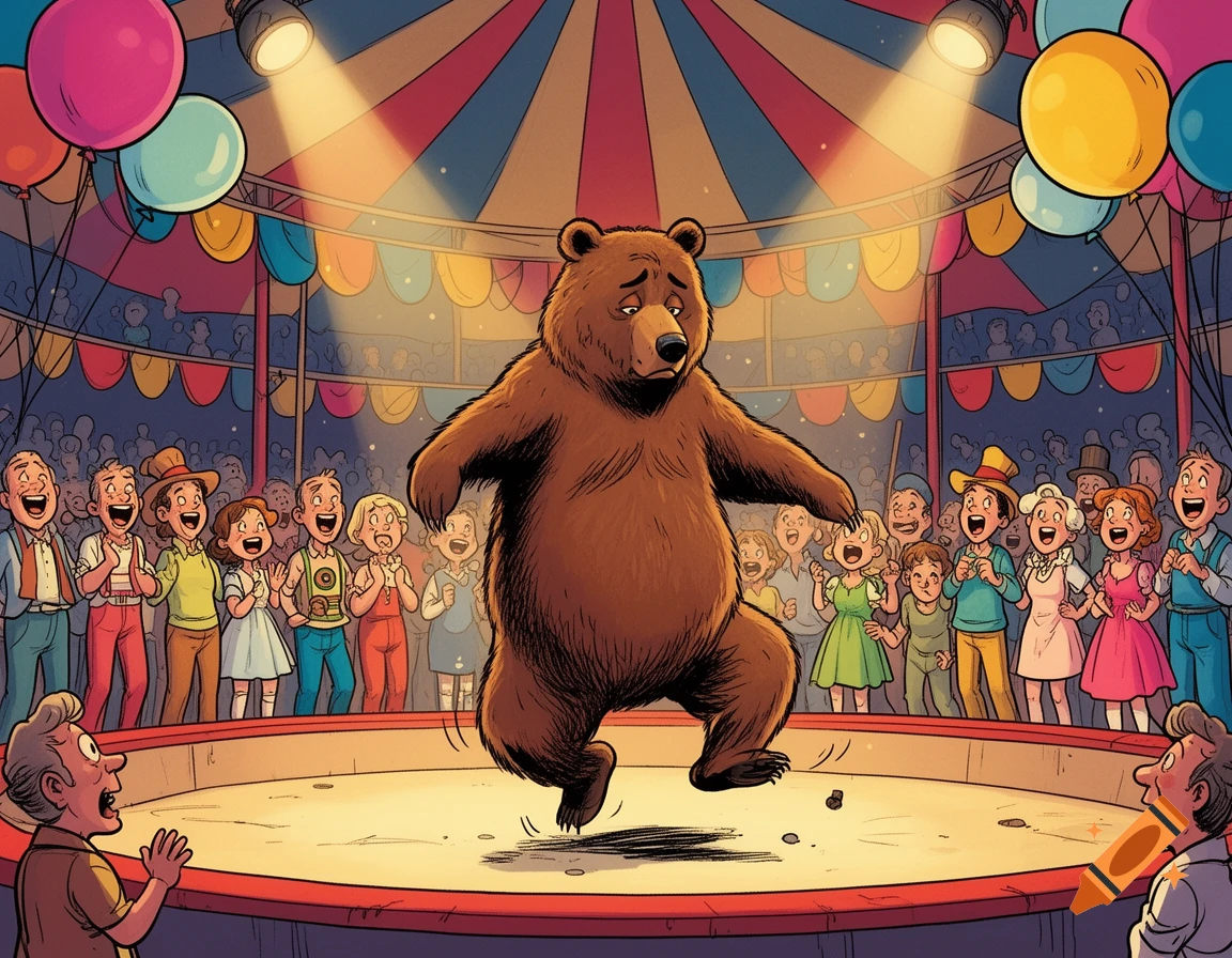A sad brown bear stumbles while dancing in a brightly lit circus ring, surrounded by a large laughing cartoon crowd.