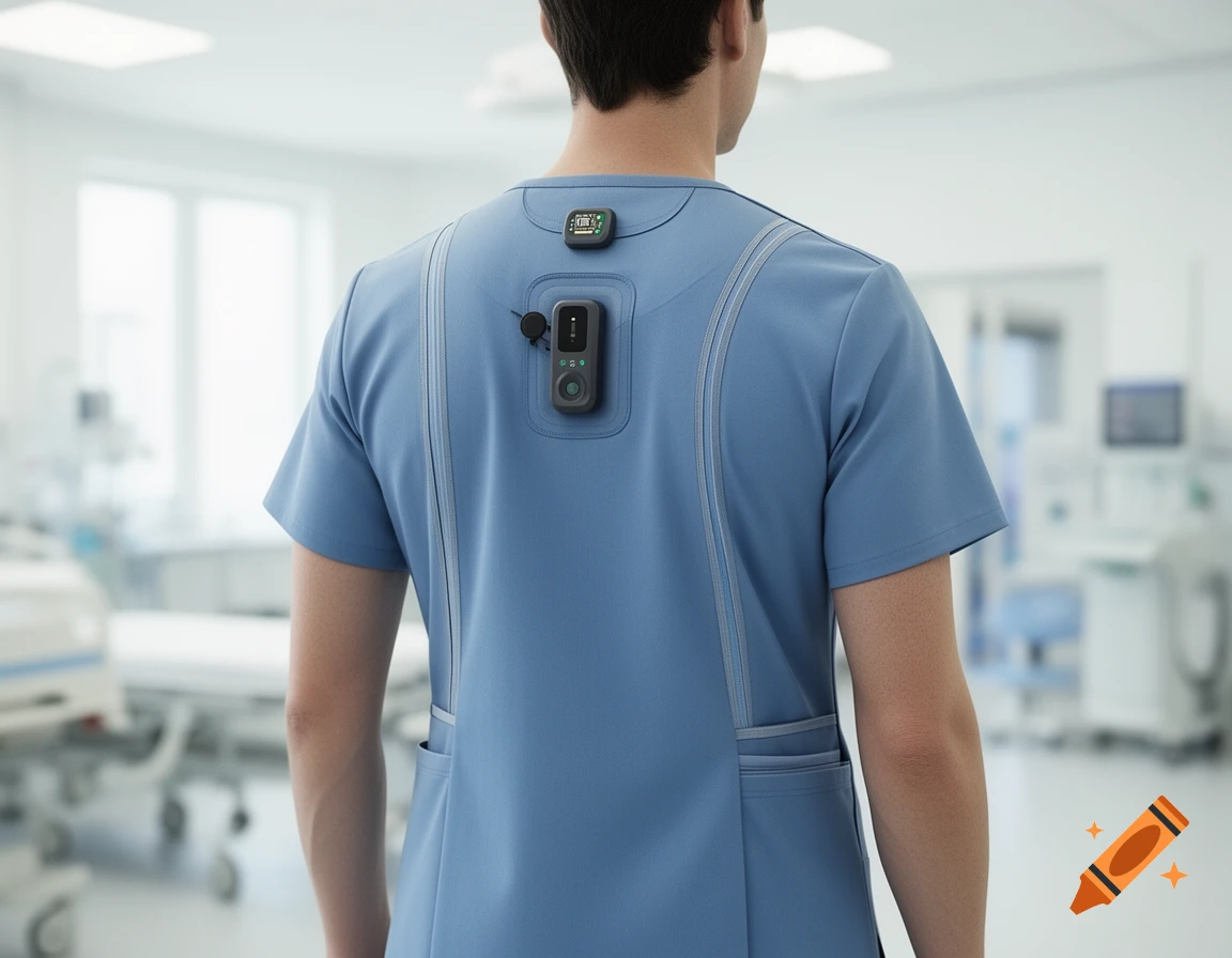 Back view of a person in light blue medical scrubs with ergonomic features and integrated electronic devices on the upper back, in a hospital setting.