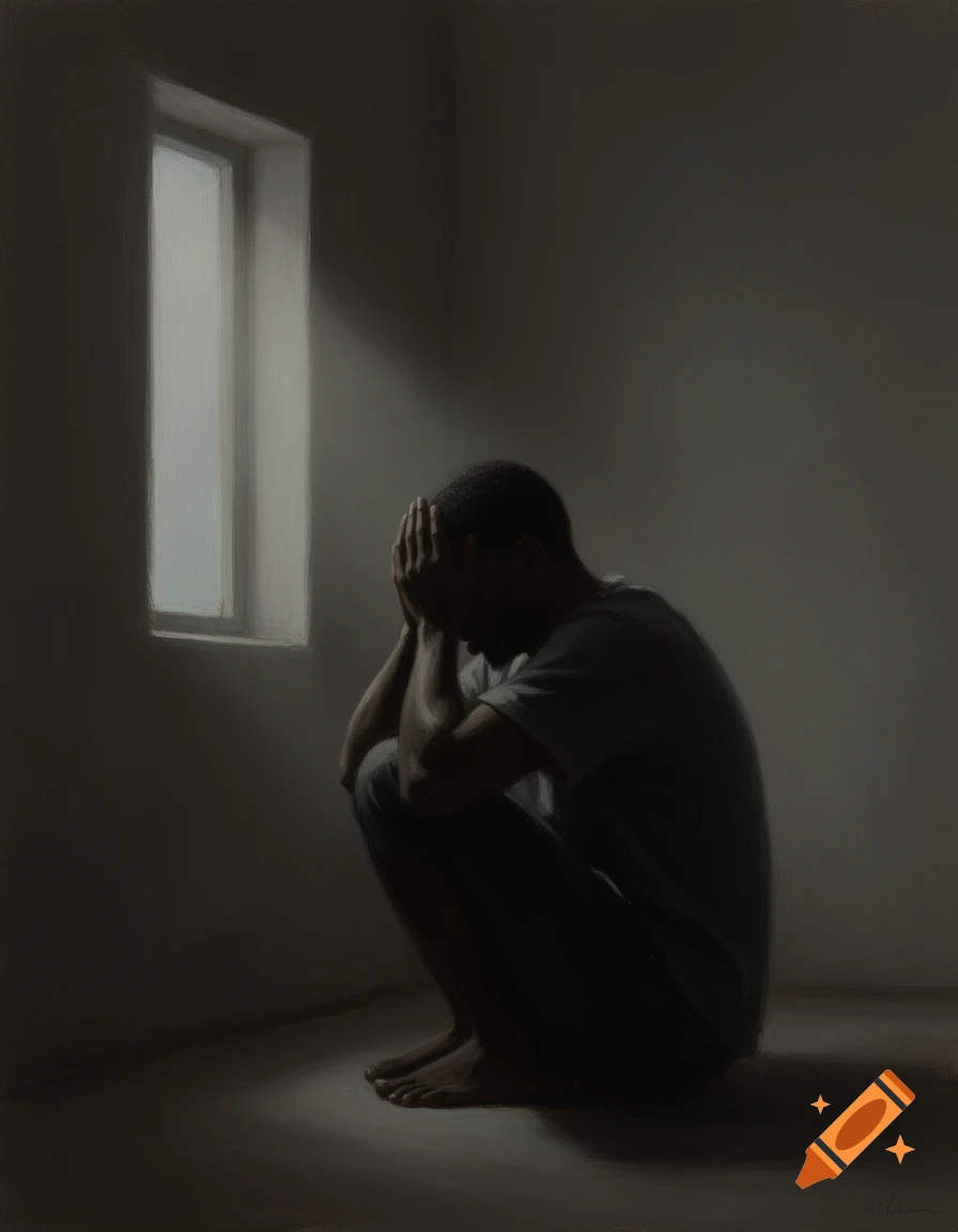 A somber man crouches in a dark room, his face buried in his hands, illuminated by a window.