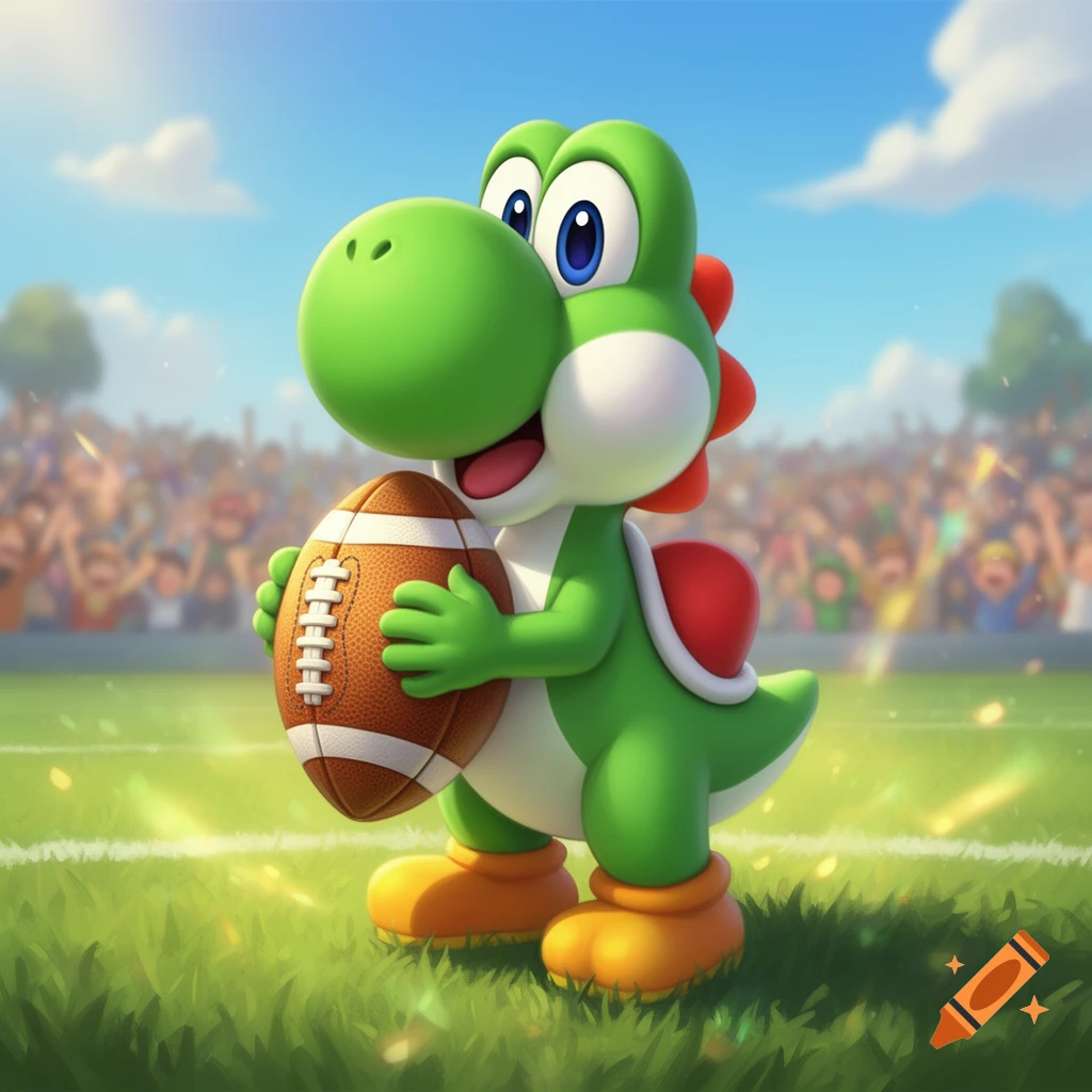 Yoshi, the green dinosaur character, holds a football on a grassy field in a stadium with a cheering crowd.