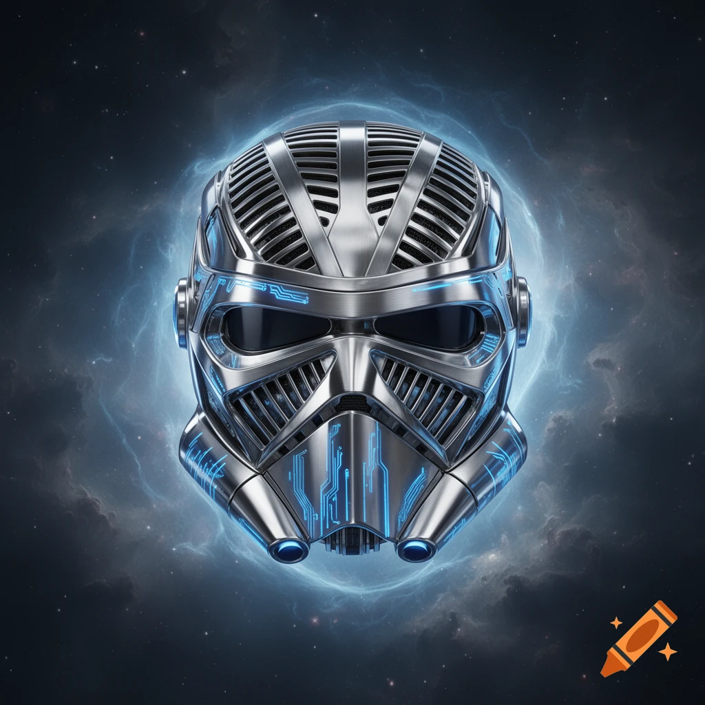 A shiny silver metallic mask resembling a Star Wars stormtrooper helmet with glowing blue circuit lines, set against a dark, cloudy, starry background.