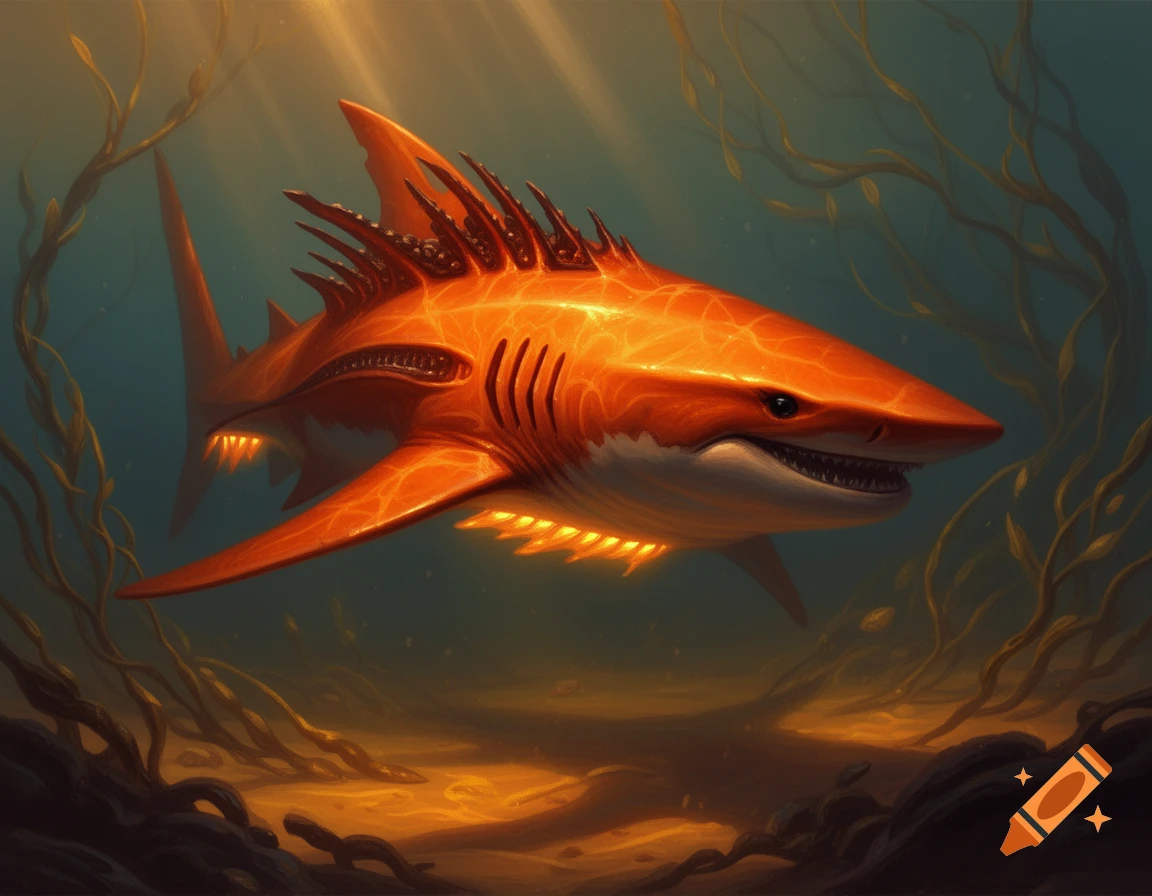 A glowing orange xenomorph-style shark with spiky fins and bioluminescent accents swims in murky blue-green water with kelp.