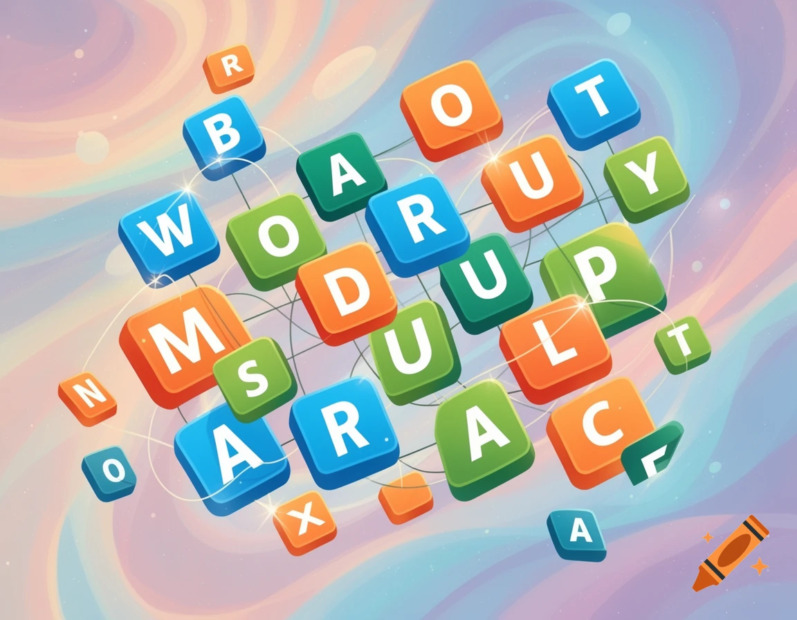 Colorful, glossy letter tiles with various letters like W, O, R, D, U, P float against a soft, swirling pastel background, connected by thin lines, resembling a word puzzle game.
