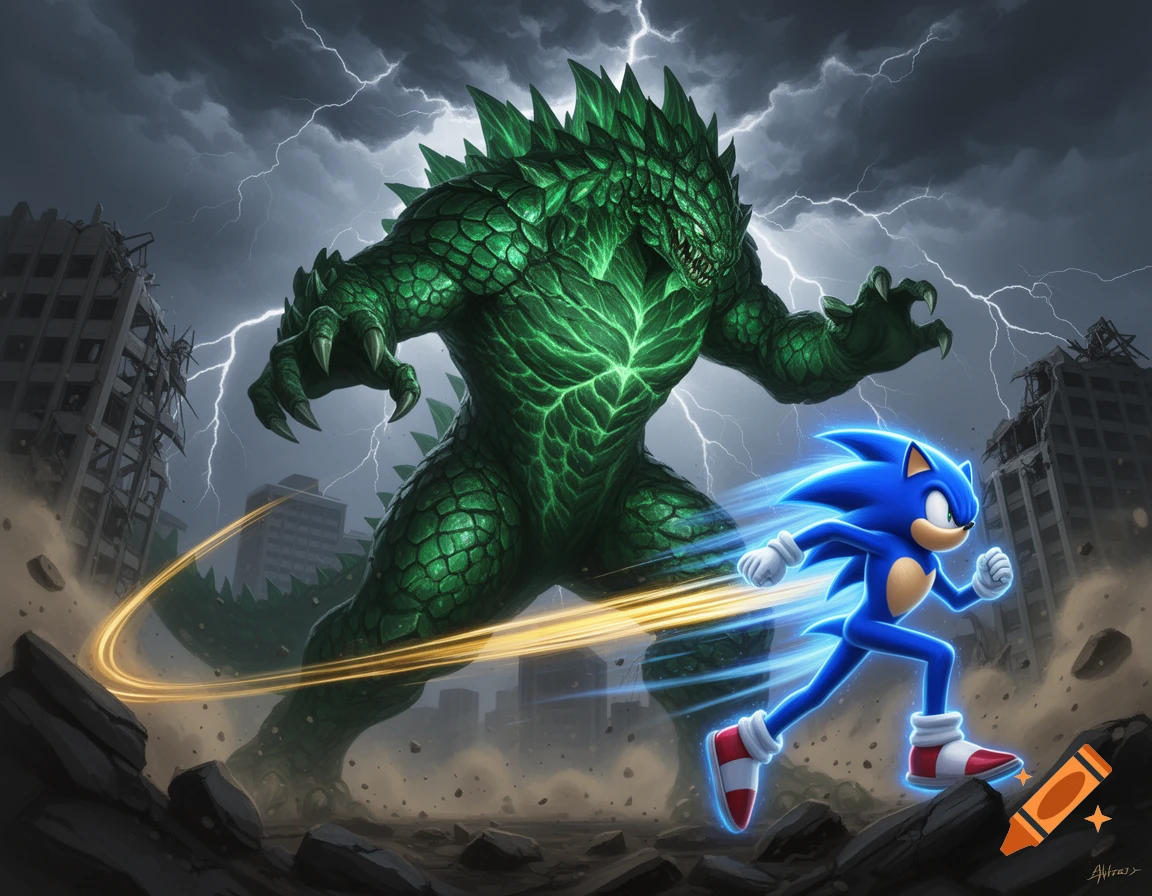 Super Sonic runs past a huge, glowing green emerald kaiju in a destroyed city under a stormy, lightning-filled sky.