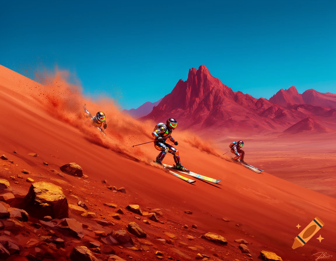 Futuristic skiers in metallic suits traverse a red, rocky Martian landscape under a vibrant blue sky, kicking up dust.