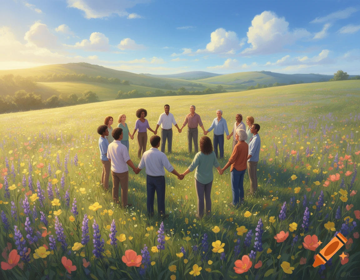 Diverse people of mixed races, genders, and ages stand in a circle, holding hands in a sunny meadow filled with wildflowers.