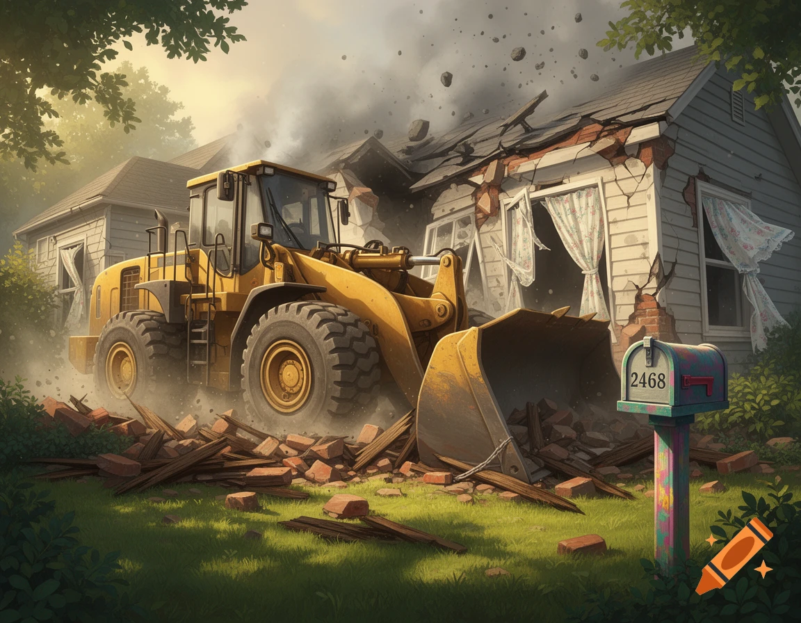 A yellow bulldozer demolishes a white house, scattering debris, in a vibrant, illustrative style.
