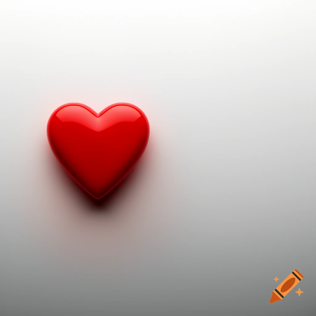 A glossy red heart with soft shadows on a white background, positioned to the left.