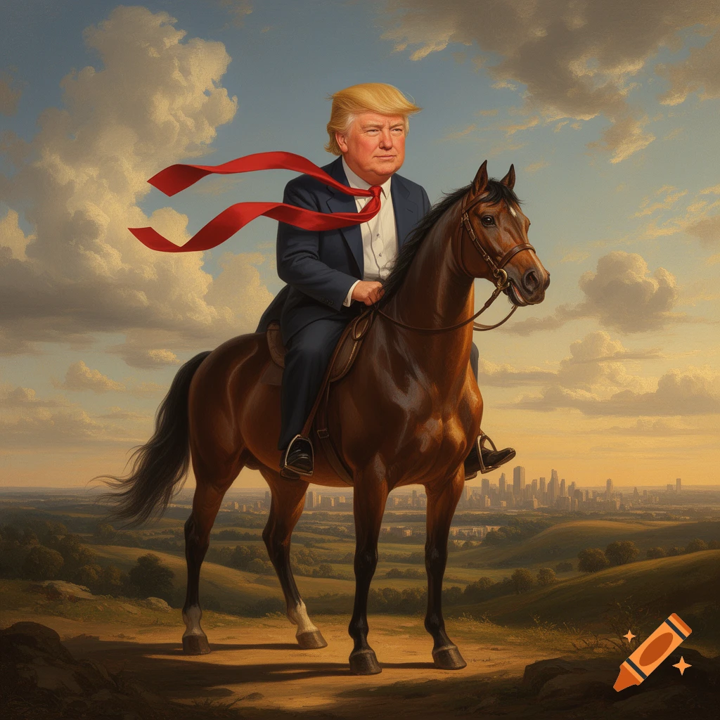 Donald Trump, in a suit with a long red tie, rides a brown horse through a hilly landscape with a city skyline under a cloudy sky in a painterly style.
