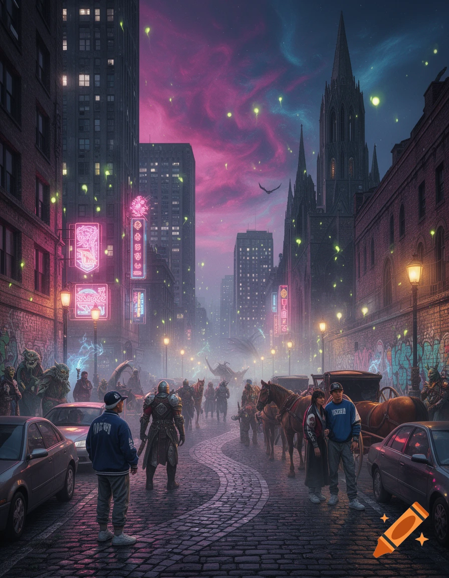 Urban fantasy cityscape at dusk, featuring modern and medieval figures, horses, and creatures on a cobblestone street with neon signs.