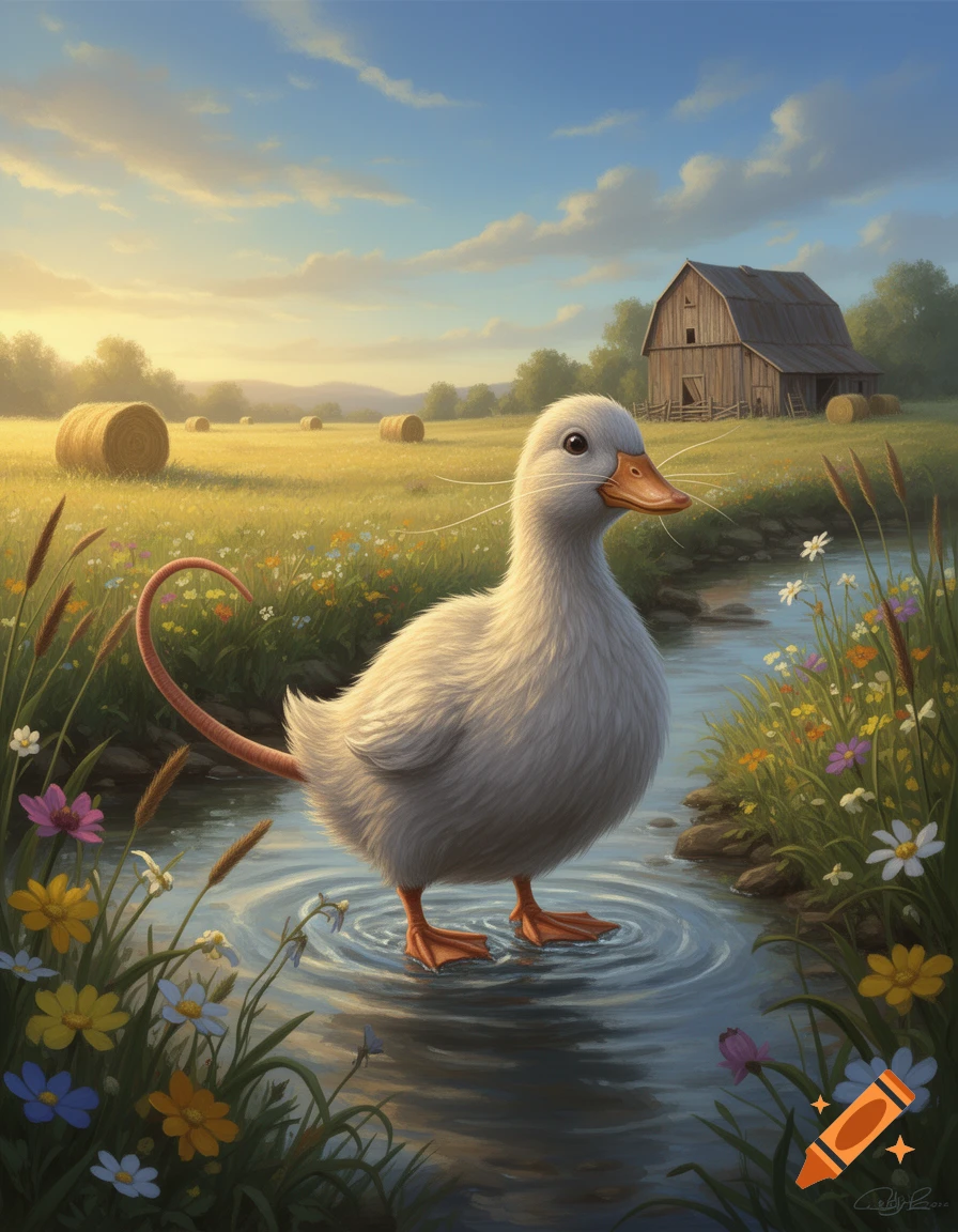 A whimsical white duck-like creature with a long rat tail and whiskers wades in a shallow stream in a sunlit field with wildflowers, hay bales, and a barn.