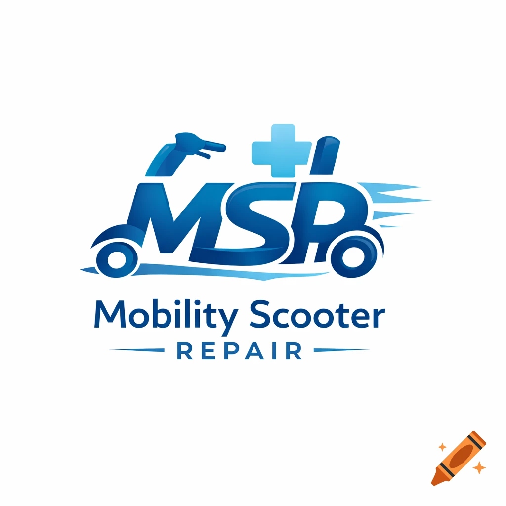 Blue logo for 'MSRP Mobility Scooter Repair' featuring a stylized scooter, medical cross, and speed lines.