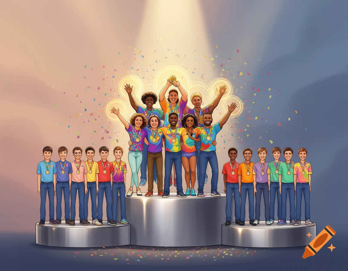 A diverse team celebrates on the top step of a podium with confetti, while identical teams of boys stand on the lower steps.