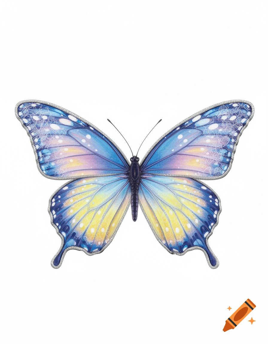 A colorful butterfly with blue, purple, and yellow gradient wings, outlined in silver, on a white background.