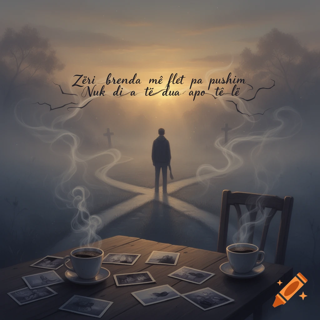A solitary figure stands at a misty crossroads with gravestones under a sunset sky, while in the foreground, two steaming coffee cups and scattered old photos lie on a wooden table.