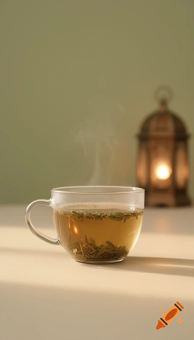 Steaming tea in a clear cup on a light table, with a blurry lantern in the background, photorealistic.