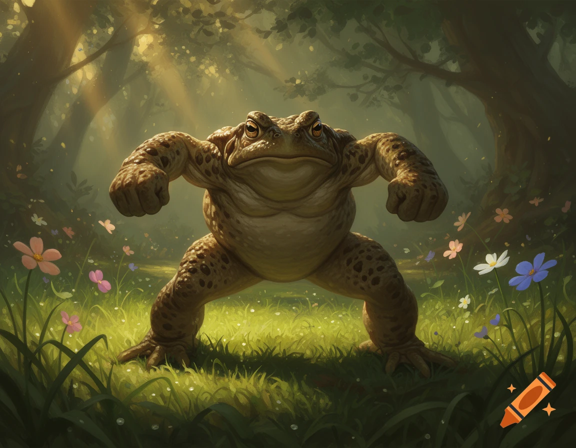 A muscular, warty toad with an aggressive stance stands in a sun ...