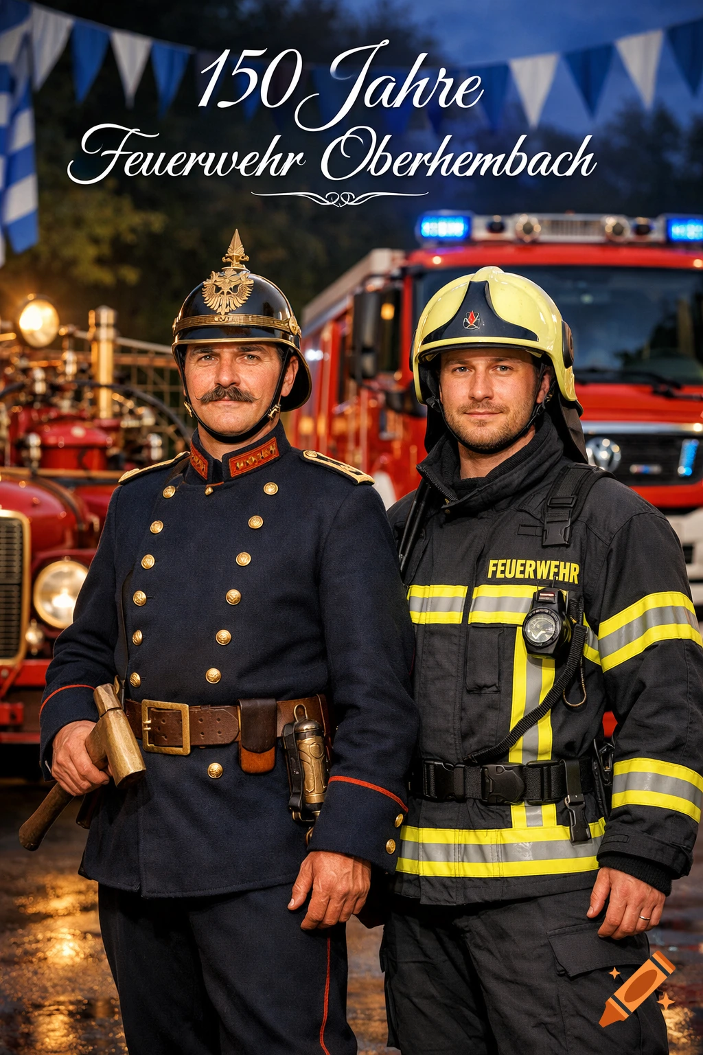 Two firefighters, one in a historical uniform and one in modern gear, stand before old and new fire trucks, with anniversary text above. Photorealistic.