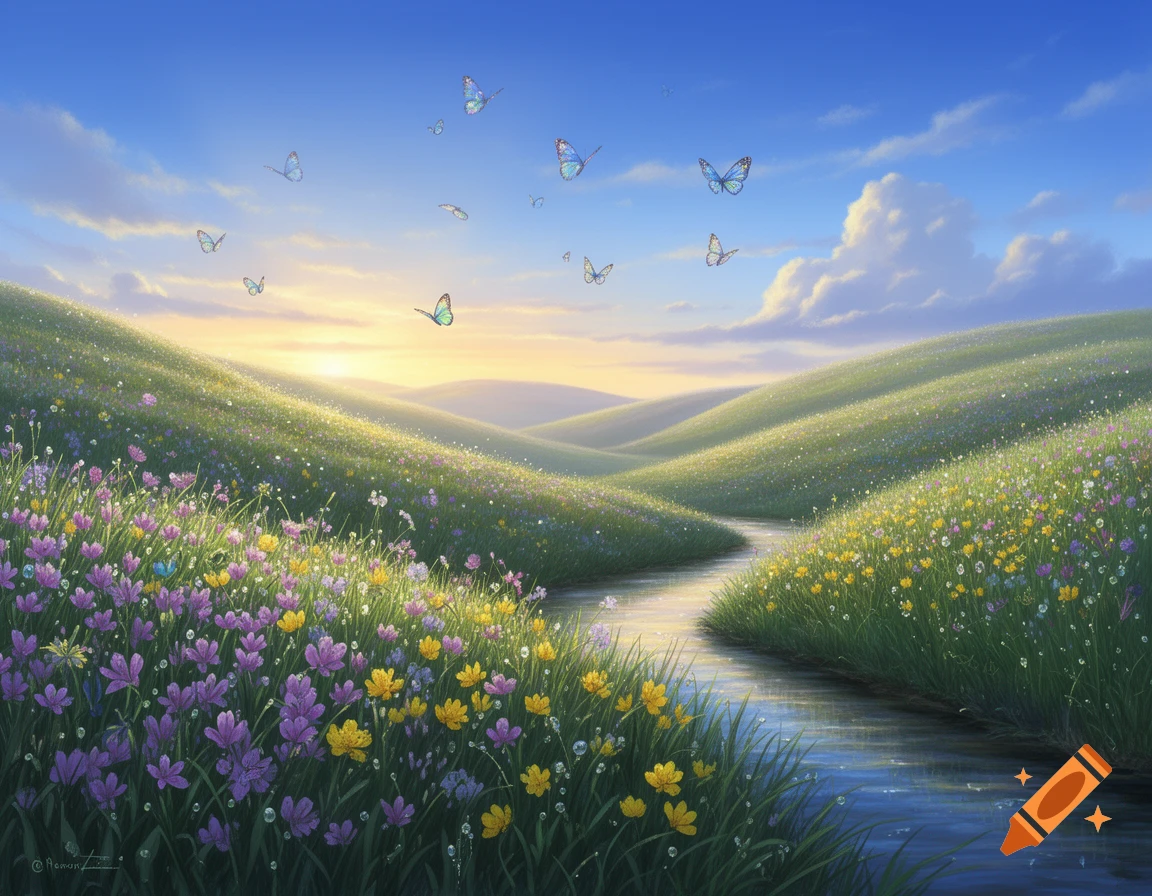 A vibrant meadow with purple and yellow wildflowers, a winding stream, and colorful butterflies under a bright blue sky with a sunset horizon.