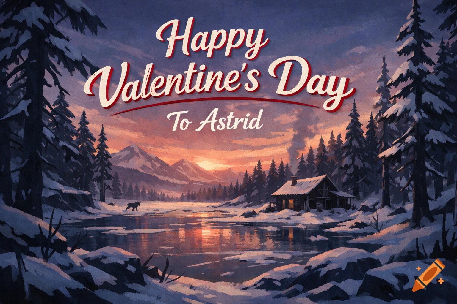 A painted winter landscape at sunset with a cabin, a lake, snow-covered trees, mountains, and the text 'Happy Valentine's Day To Astrid'.