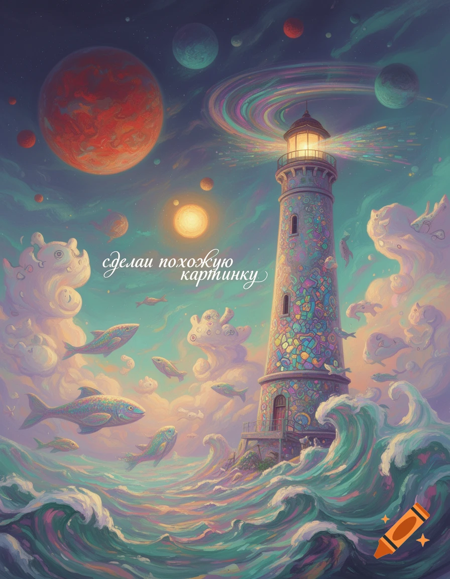 A colorful, surreal painting depicts a lighthouse on an ocean amidst flying fish, planets, and swirling clouds in a fantastical sky.