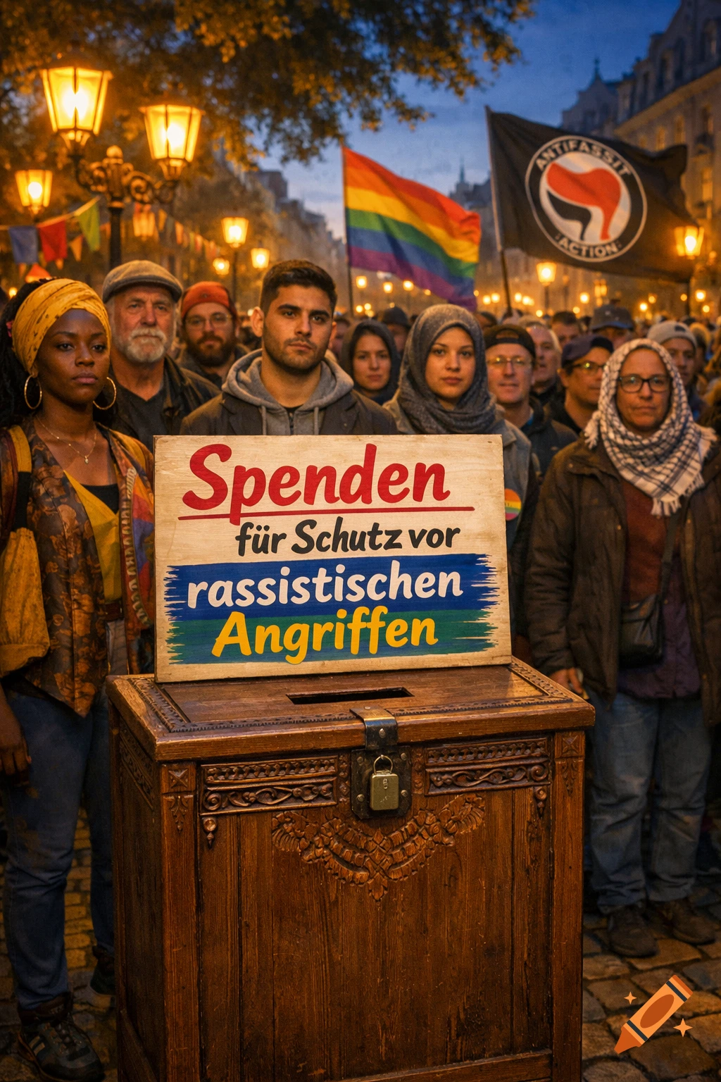 A diverse crowd gathers at night on a cobblestone street, lit by streetlights. In the foreground is a wooden donation box with a sign that reads "Spenden f ür Schutz vor rassistischen Angriffen" (Donations for Protection Against Racist Attacks). A rainbow flag and an Antifa flag are visible in the background.