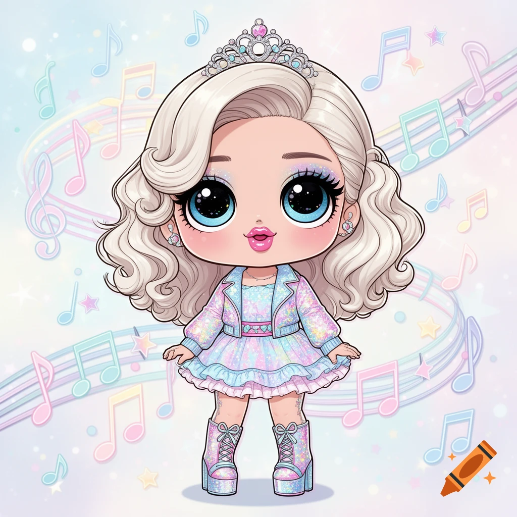 A cute kawaii doll with blonde hair and big blue eyes wears a sparkly dress and jacket, adorned with a tiara, amidst pastel musical notes.