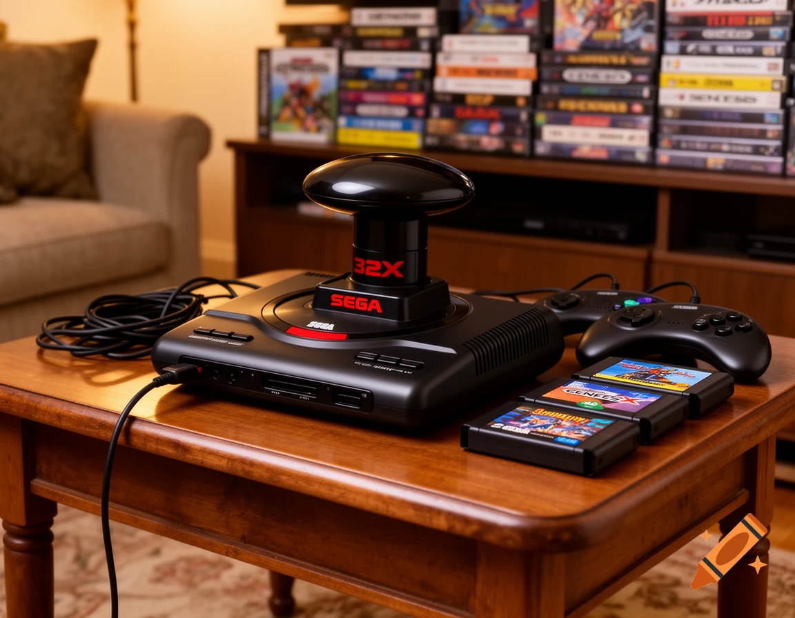 A Sega Genesis console with a Sega 32X add-on, two controllers, and three game cartridges on a wooden coffee table, with game boxes in the background.