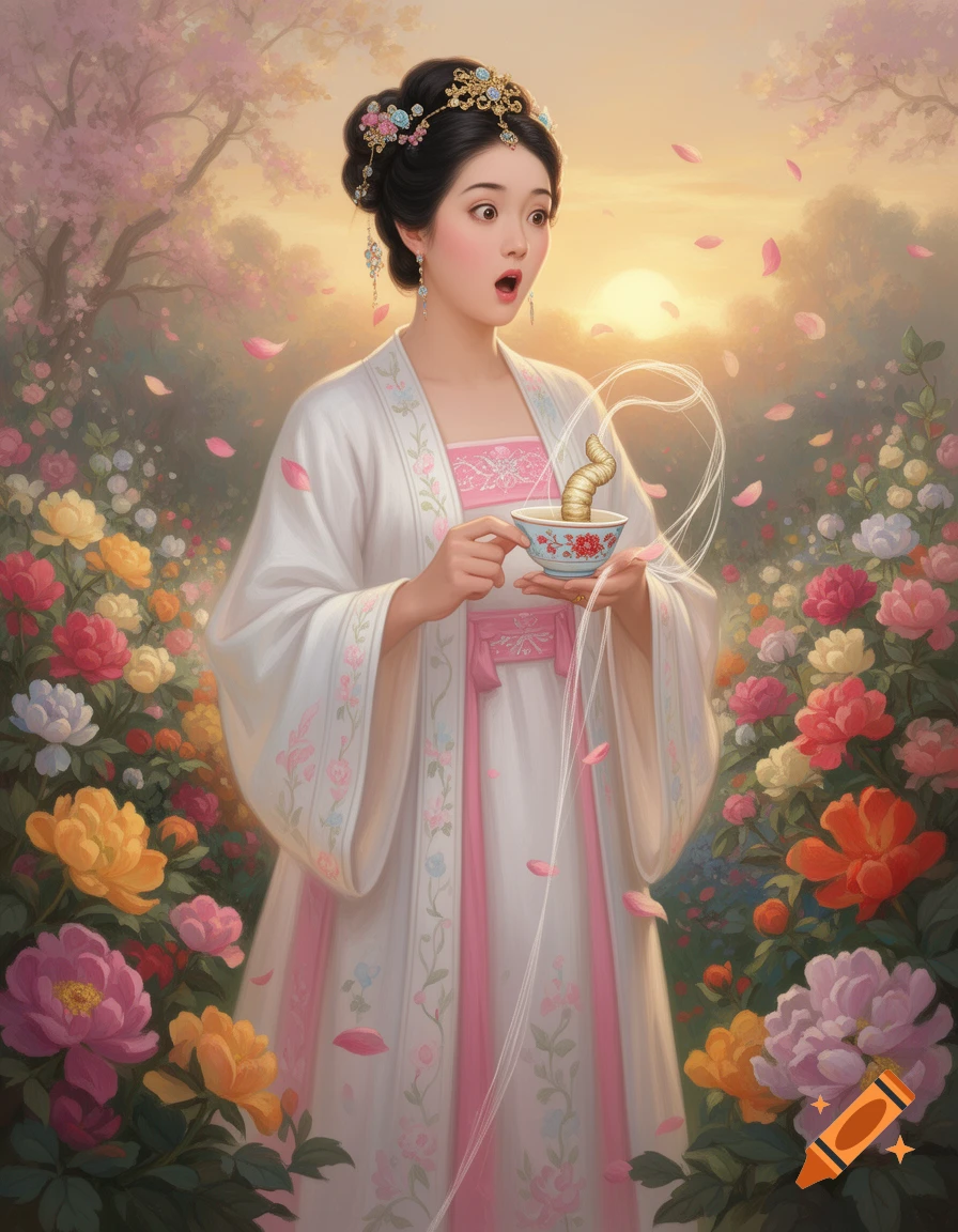 A surprised Chinese woman in a white and pink dress holds a teacup with a silkworm cocoon, drawing a silk thread in a lush flower garden at sunset.