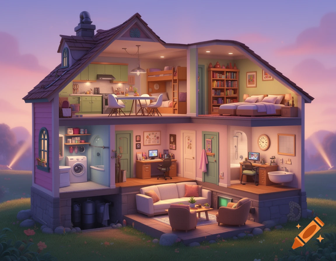 A colorful, isometric cutaway view of a cartoon house, revealing furnished rooms on two floors, an attic, and a basement under a sunset sky.
