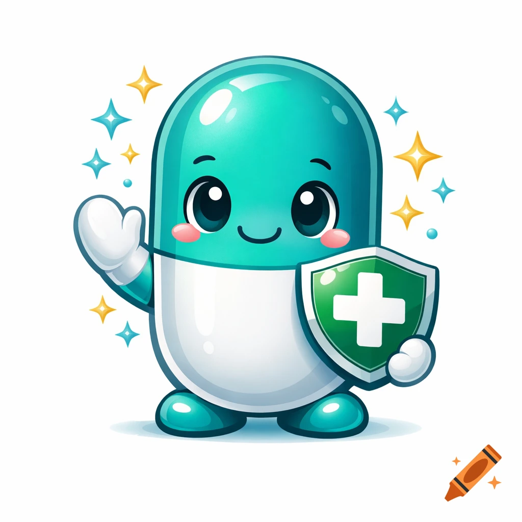 Cute cartoon teal and white capsule mascot character holding a green shield with a white medical cross, waving, with sparkling stars.