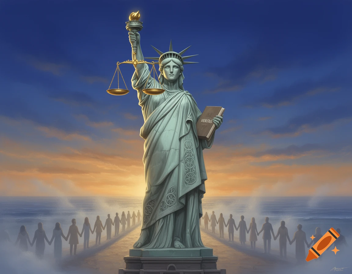 Stylized Statue of Liberty holding scales and a 'VERITAS' book, on a path with people holding hands, at sunset.