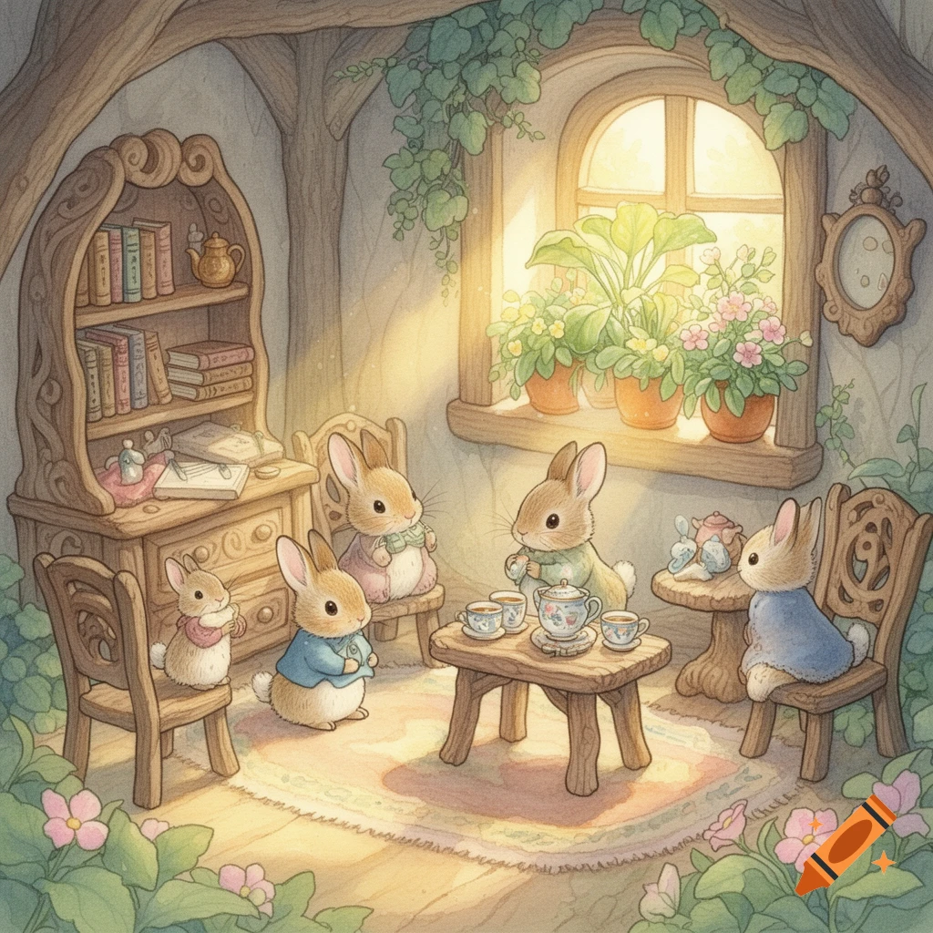 Watercolor illustration of cute rabbits having a tea party in a sunlit, cozy cottage room with a bookshelf and potted plants.