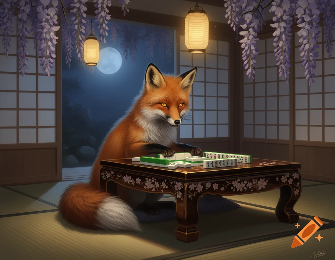 A red fox with glowing eyes sits at a low table, playing mahjong in a softly lit traditional Japanese room under wisteria and a full moon.