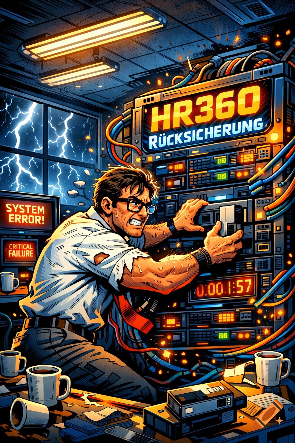 Exaggerated comic art of a stressed IT worker frantically fixing a server in a chaotic room with lightning outside.