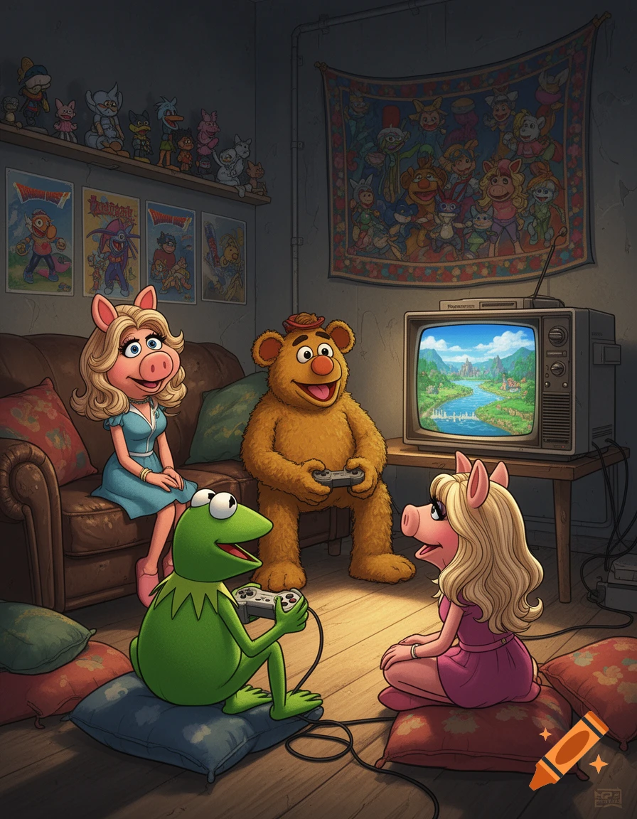 Kermit, Fozzie Bear, and two Miss Piggy characters play video games in a dimly lit living room with Muppet memorabilia, in a cartoon style.