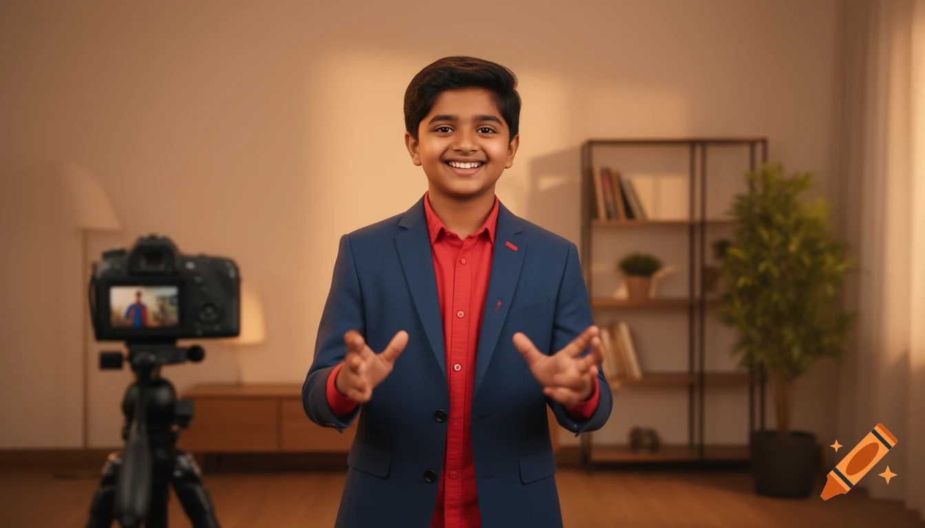 A confident Indian boy in a suit smiles and gestures, recording a video with a camera in a modern room.