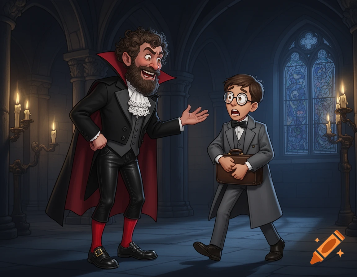 Cartoon of a bearded vampire in a cape welcoming a scared young man with glasses and a briefcase in a gothic hall.