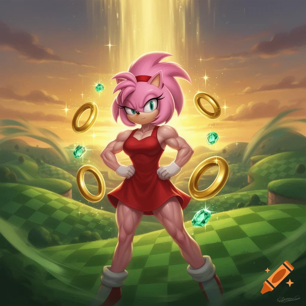 Muscular Amy Rose, a pink hedgehog in a red dress, stands heroically in a green checkered landscape with golden rings and emeralds.
