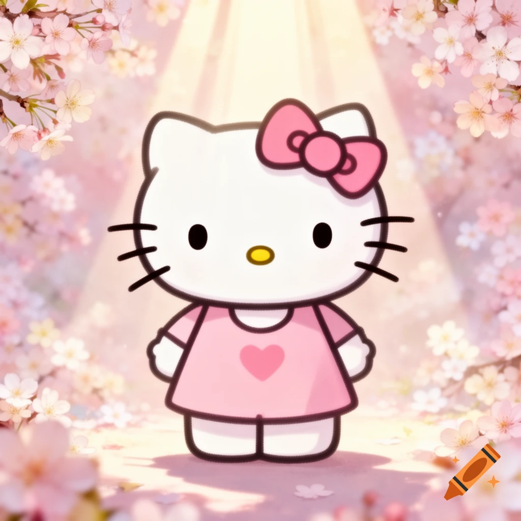 Hello Kitty in a pink dress with a heart, standing amidst glowing cherry blossoms.