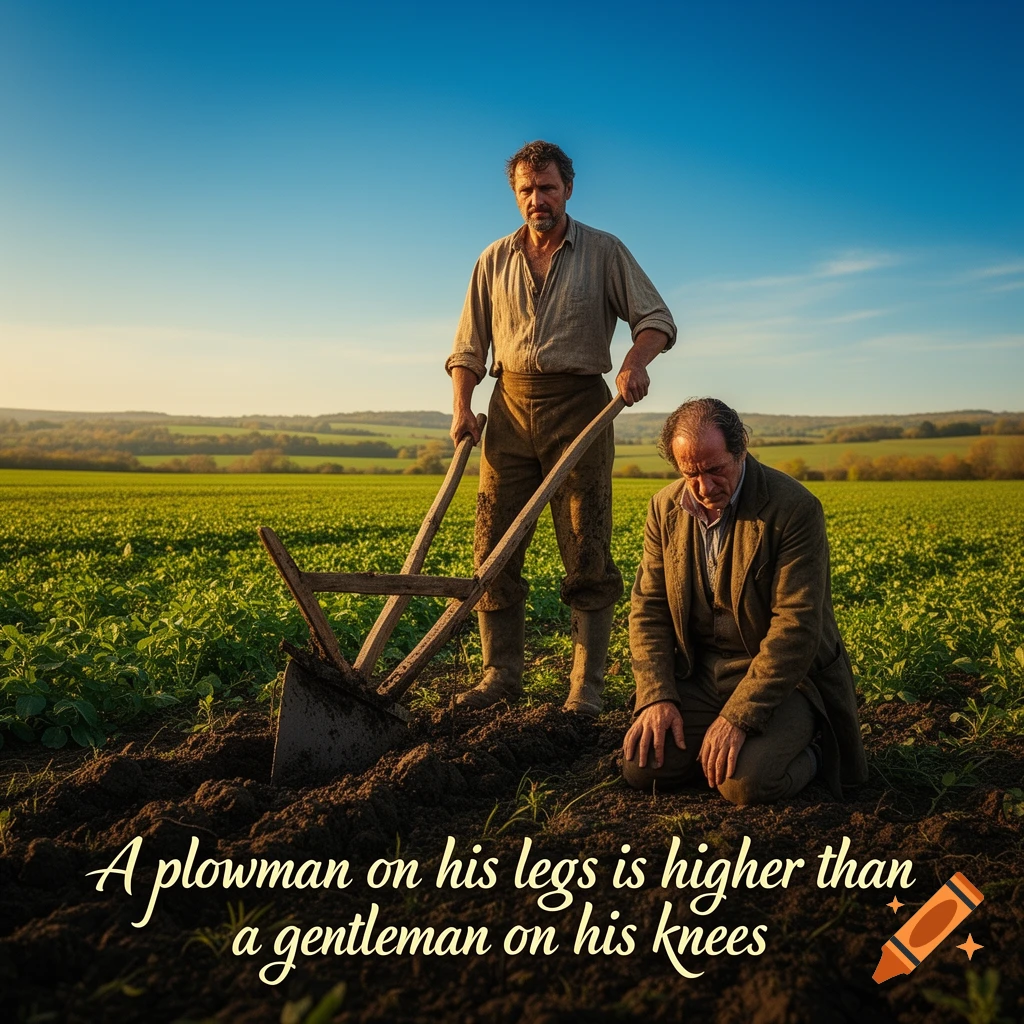 Two men in a field, one standing with a plow and one kneeling. A quote reads: "A plowman on his legs is higher than a gentleman on his knees"