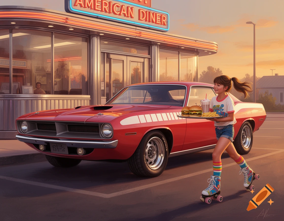 A girl on roller skates brings burgers and fries to a red 1970 Plymouth Barracuda parked in front of an American diner at sunset.