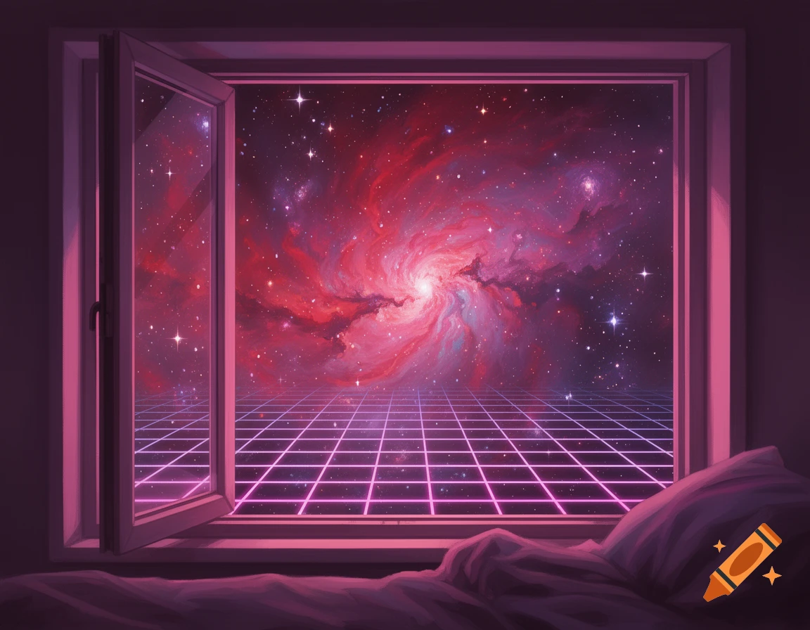 A vivid view through a bedroom window into a neon pink and purple cosmic nebula with a synthwave grid.