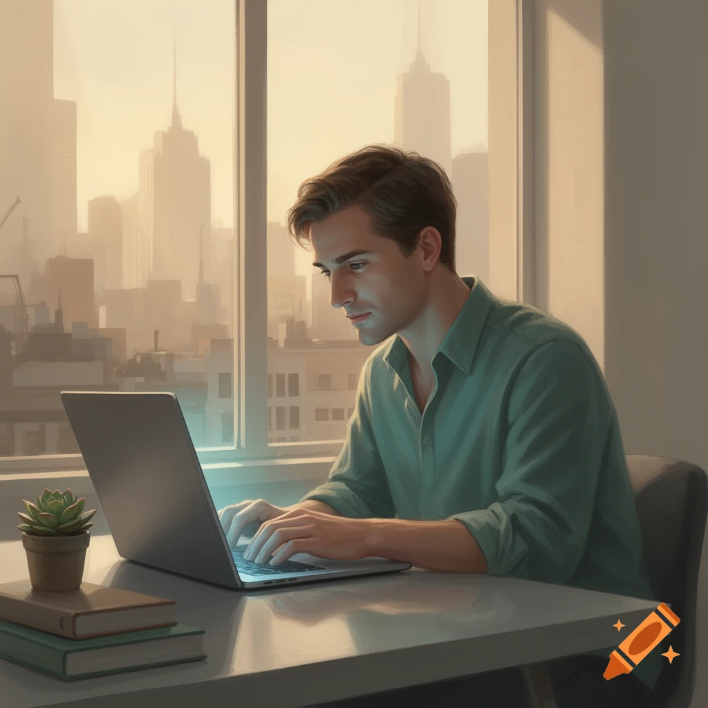 A man in a green shirt works on a laptop by a window overlooking a city skyline.