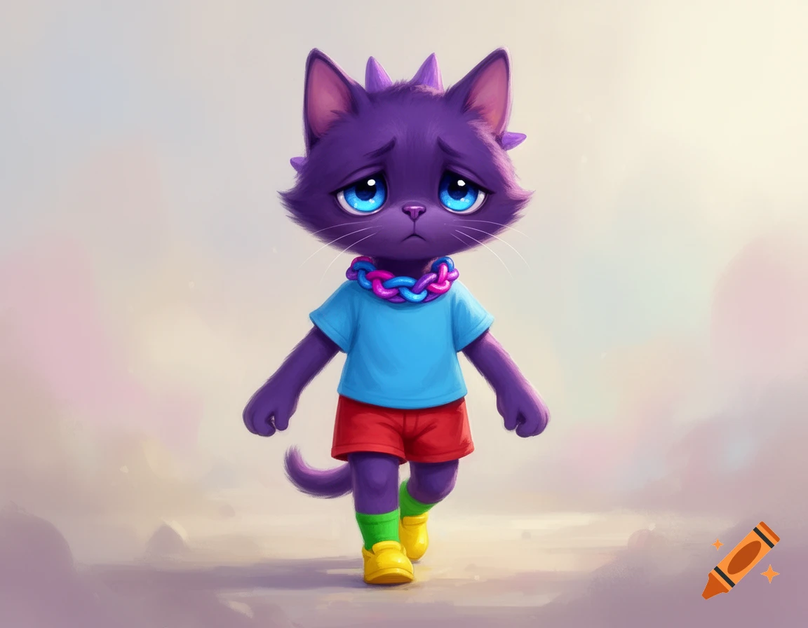 A sad, small purple cartoon cat with big blue eyes, wearing a blue t-shirt, red shorts, green socks, yellow shoes, and a colorful chain collar, walks forward.