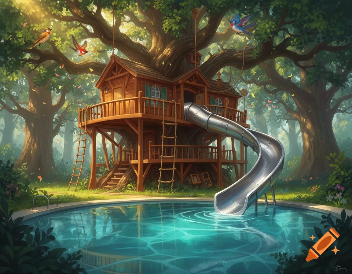A whimsical treehouse with a long silver slide descending into a sparkling blue swimming pool, surrounded by lush green trees and birds under a sunny sky.