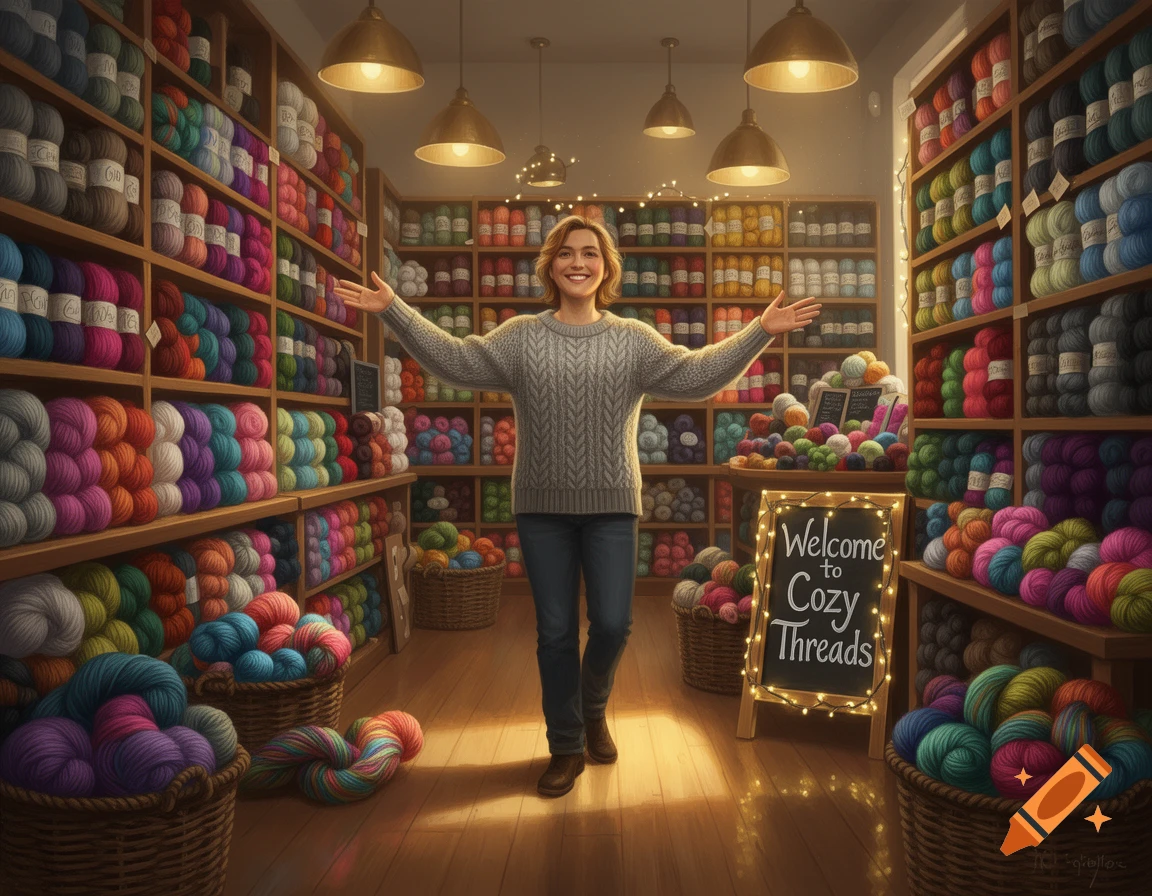 A smiling woman stands with open arms in a vibrant yarn store filled with colorful skeins on shelves and in baskets. A sign reads "Welcome to Cozy Threads".